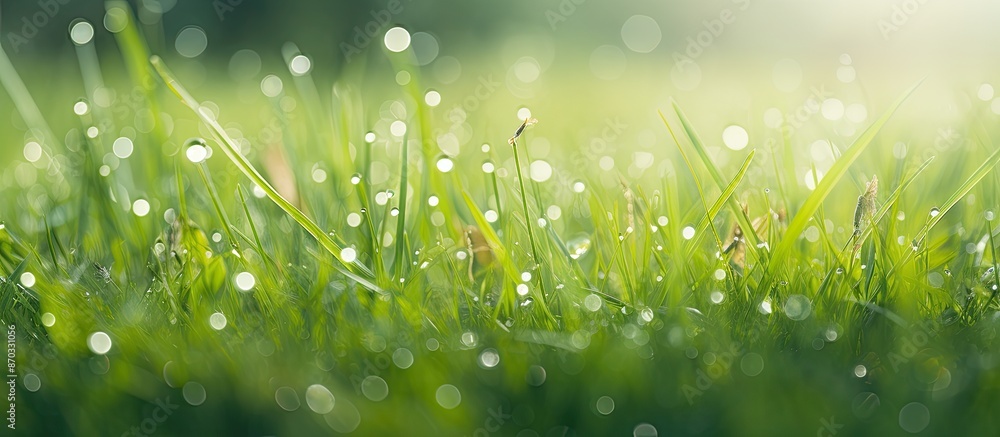 Leinwandbilder Morning dew glistens on blades of vibrant green grass, creating a refreshing spring backdrop with ample copy space for additional elements in the image.