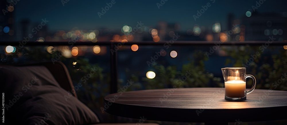 Poster copy space image of a night scene with an empty coffee table against a blurred background.