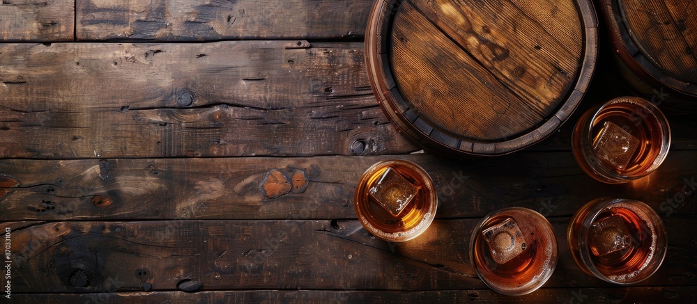 Poster Flat lay composition featuring a wooden barrel, glasses of whiskey, with an opportunity for text in the image. with copy space image. Place for adding text or design