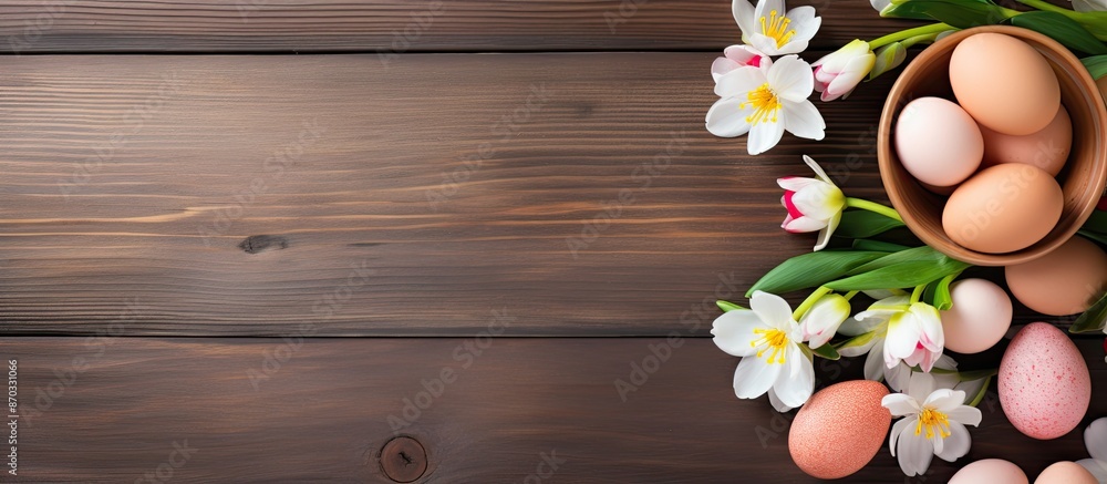 Aufkleber Wooden background with a top view for a spring holiday concept featuring an Easter table setting in a flat lay style, with ample copy space image.