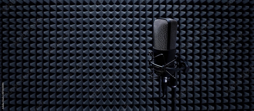 Poster In a recording studio setup, a high-quality microphone is positioned against a black soundproof panel backdrop, providing a clean background for a copy space image.