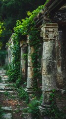 Naklejka premium Ancient stone columns covered with lush green vines in a mysterious abandoned ruin, surrounded by dense foliage.