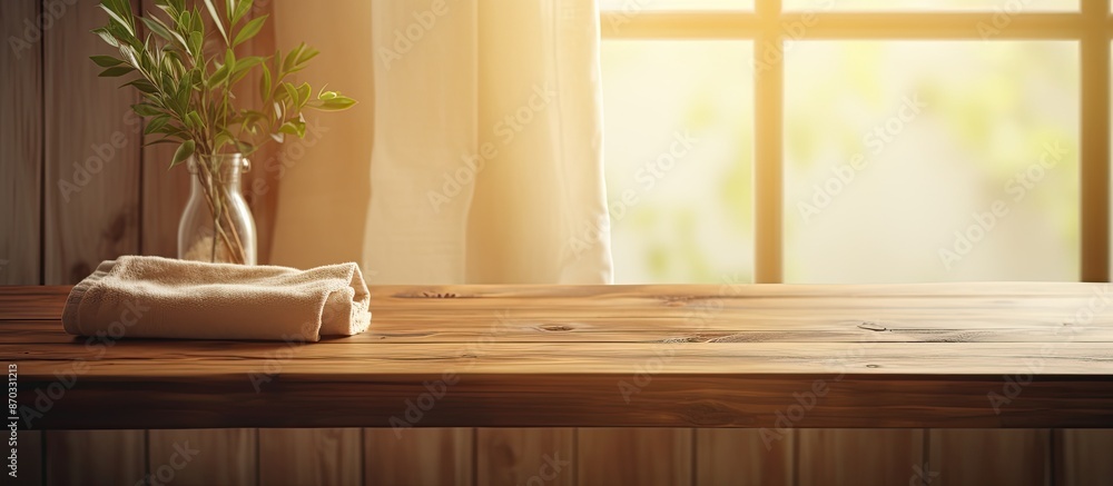 Aufkleber A wooden table top with a blurred bathroom sink and a window with curtains, perfect for a copy space image.