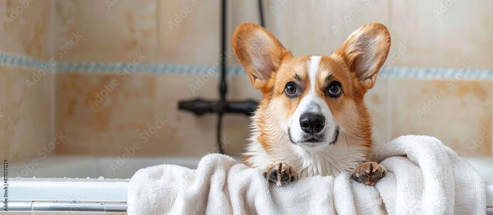 Poster corgi dog with towel after wash in the bathroom. copy space image. place for adding text or design
