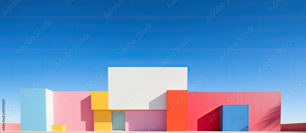 Poster contemporary, stunning new architecture set against a blue sky with a colorful wall in the backdrop,