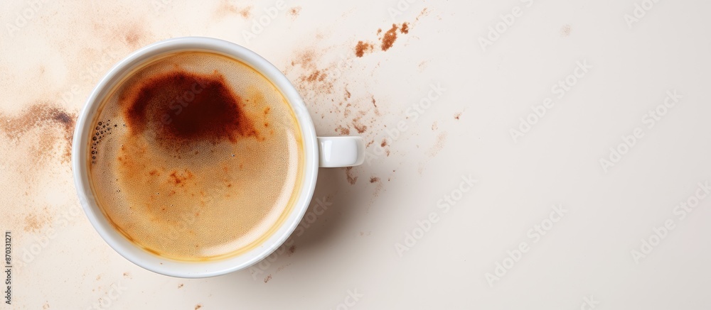 Poster top view of an empty coffee cup, with multiple stains, placed on a saucer against a white backdrop, 