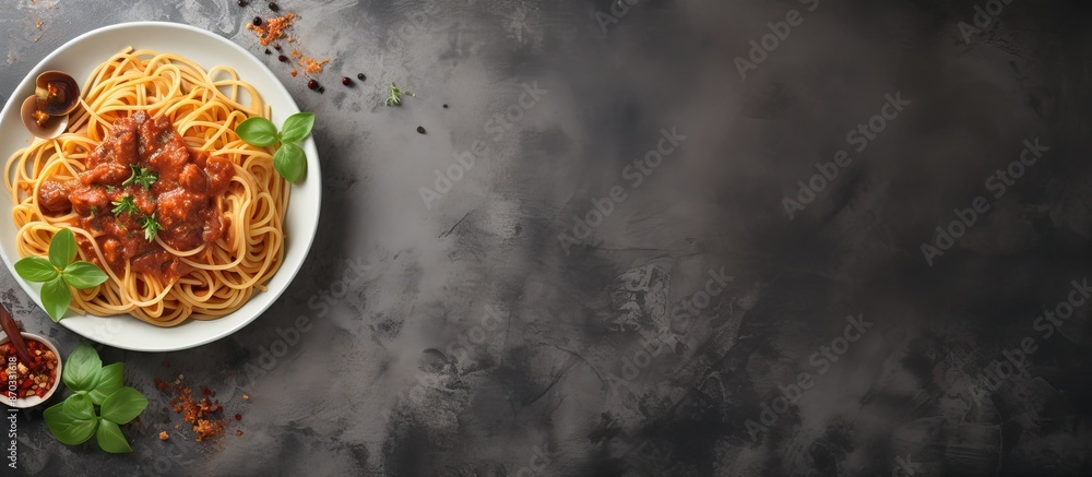 Poster View from above of Spaghetti Bolognese on a cool grey stone surface with ample copy space image available.