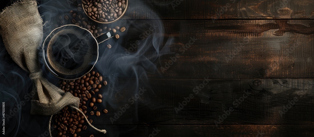 Fototapete a cup of coffee and burlap sack of beans with smoke on wooden background, with space for text. with 