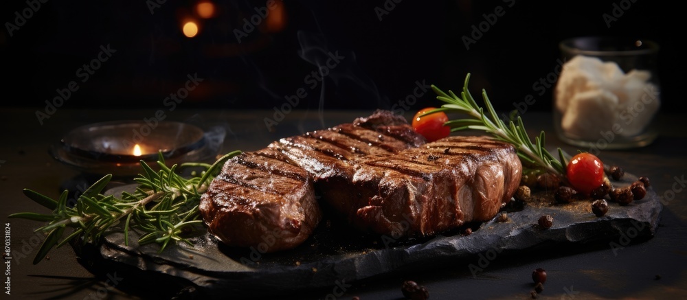 Poster table set with appetizing grilled steaks, with a copy space image available.
