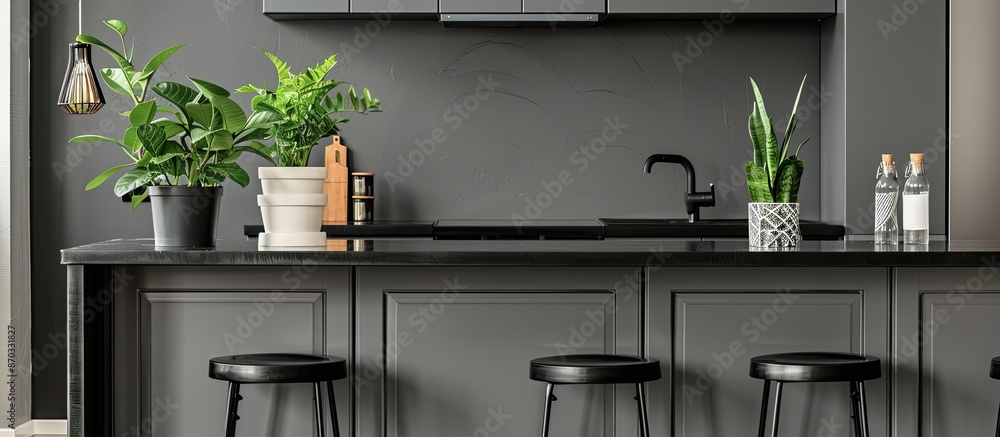 Leinwandbilder black desk in kitchen of gray color . with copy space image. place for adding text or design