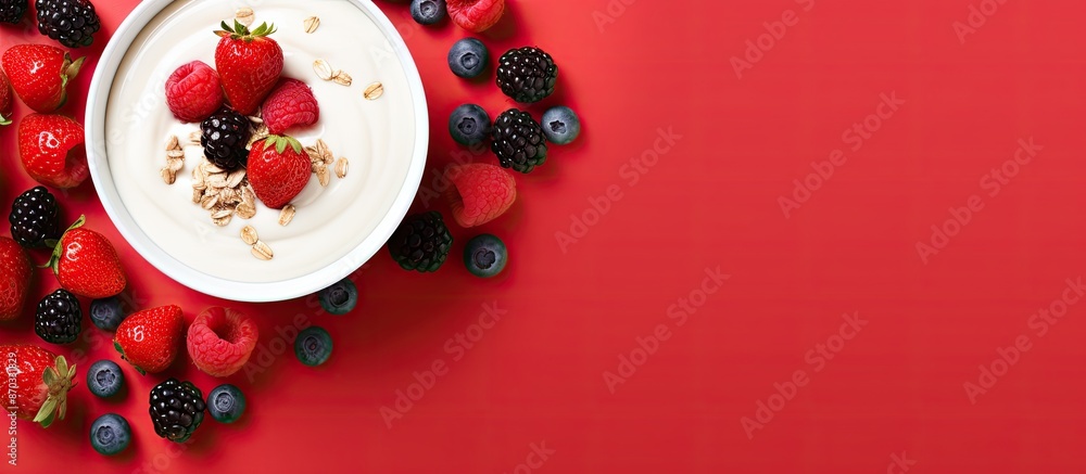 Poster Top view of yogurt with berries and cereals on a red backdrop provides a visually appealing copy space image.