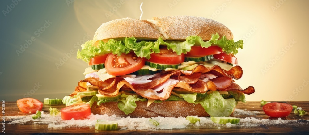 Poster sandwich piled high with lettuce, tomatoes, ham, cucumber, and cheese against a bright background wi