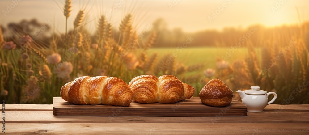 Aufkleber wooden cutting board with freshly baked croissants creating a picturesque scene in front of a copy s