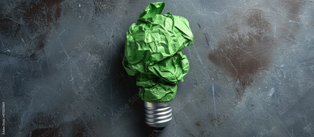 Poster Green crumpled paper light bulb representing CSR and eco-friendly business with a copy space image available.