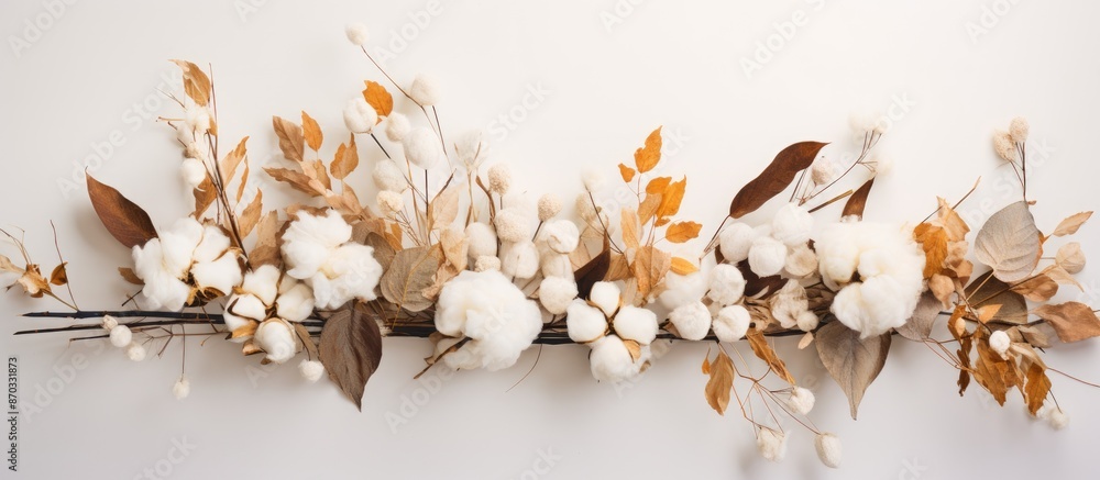 Poster a fall-themed arrangement featuring eucalyptus, cotton flowers, and dried leaves on a soft gray back