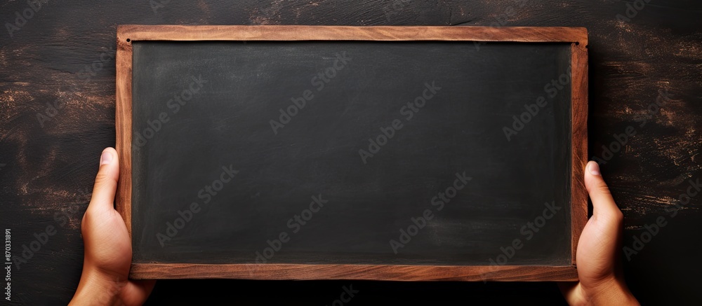 Poster detailed close-up of hands holding a chalkboard with copy space image.