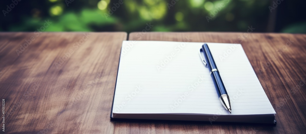 Aufkleber writing letter on notebook paper with pen on wooden table featuring copy space image.