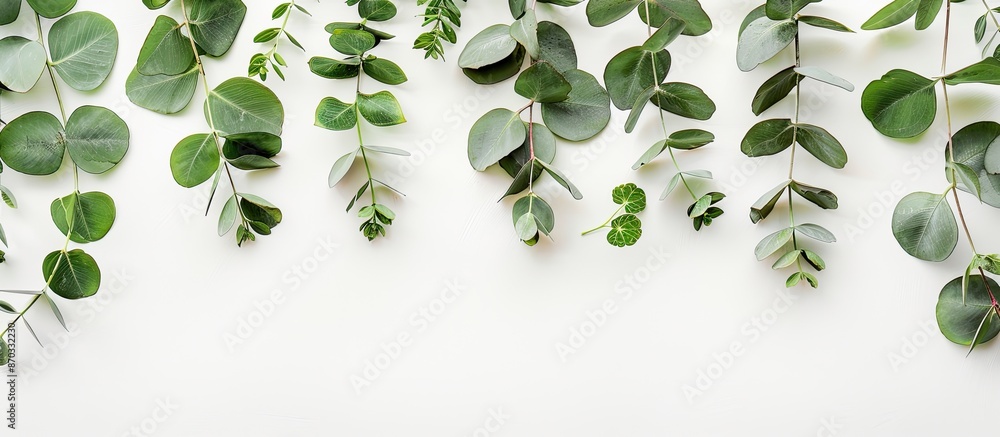 Fototapete Eucalyptus branches arranged in a frame on a white background with a flat lay view and copy space image available.
