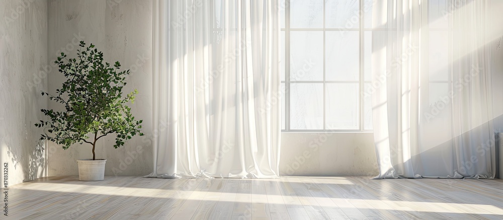 Aufkleber Window with white curtain inside apartment. with copy space image. Place for adding text or design