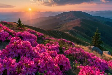 Attractive summer sunset with pink rhododendron flowers. Location place Carpathian mountains, Ukraine, Europe. Vibrant photo . Image of exotic landscape. Discover the beauty of earth.