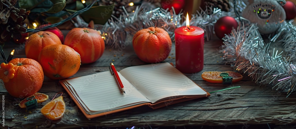 Poster christmas and new year still life. candles, tinsel, tangerines, toys and notebook with pencil. with 