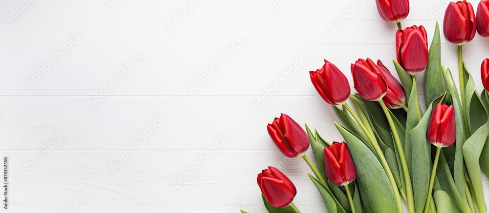 Poster top view of lovely red tulips against a white backdrop, providing ample space for adding text or oth