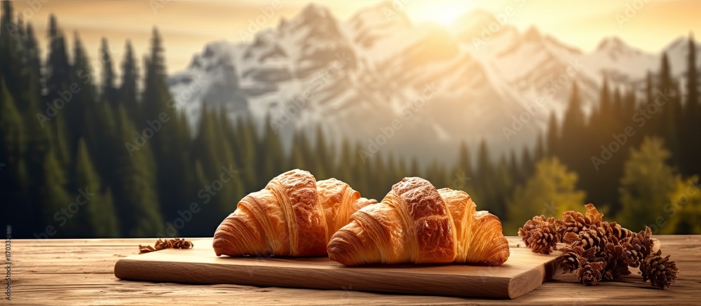 Poster wooden cutting board with freshly baked croissants creating a picturesque scene in front of a copy s