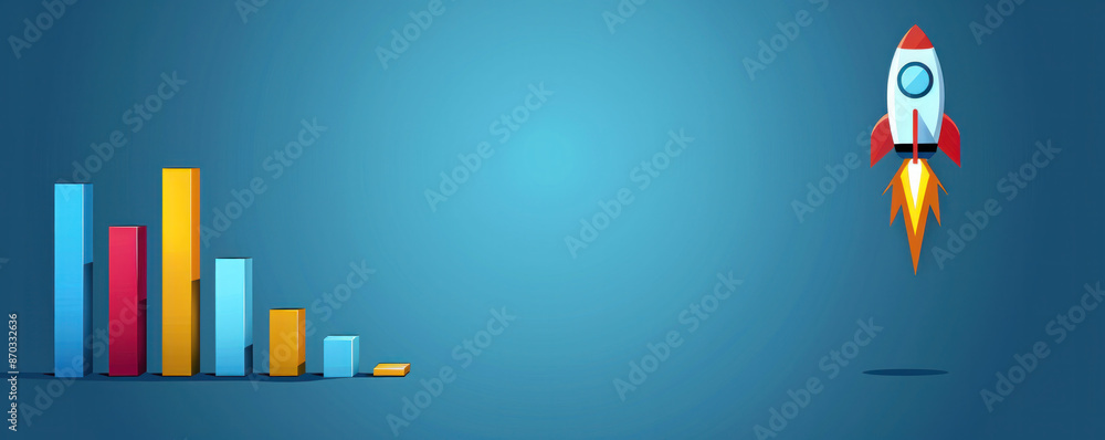 Poster a blue background with a rocket flying through it. the rocket is surrounded by a series of bars that