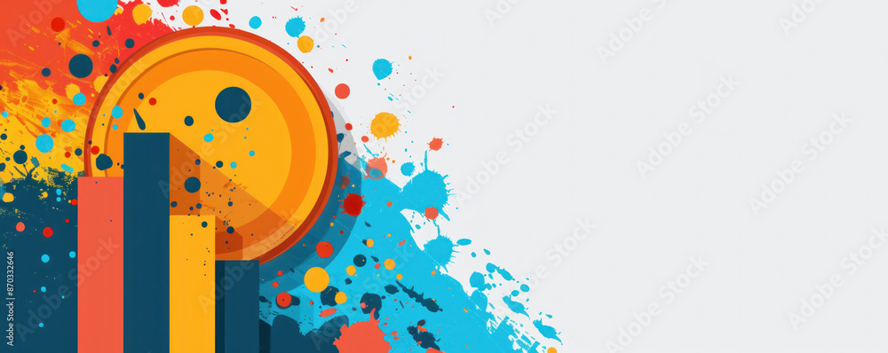 Poster a colorful background with a yellow coin in the middle. the background is splattered with paint and 