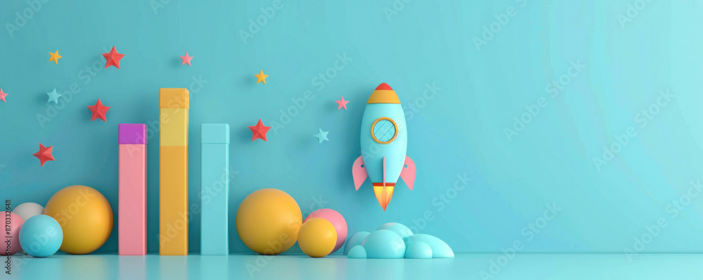 Poster a colorful background with a rocket and a bunch of balls. the rocket is on the right side of the ima