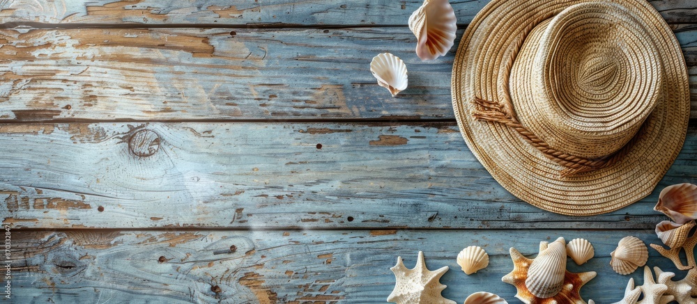 Aufkleber a straw hat and seashells on a wooden backdrop, with a copy space image available for text.
