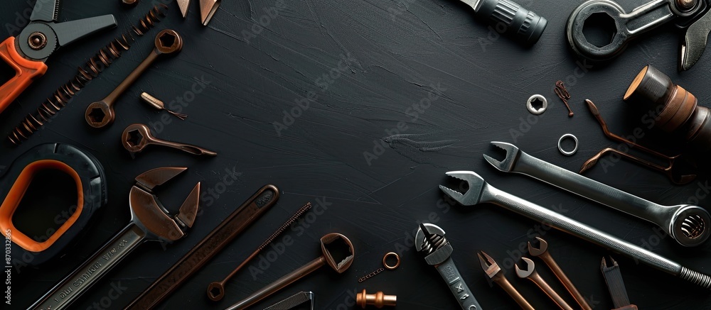 Aufkleber Various DIY tools on a black backdrop with room for text. Furnishings for handwork and crafting projects, emphasizing repair and creation. with copy space image. Place for adding text or design