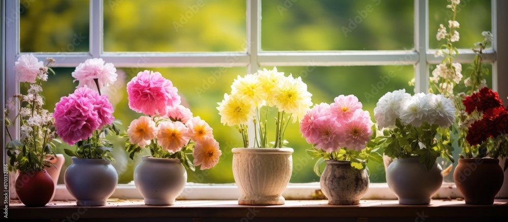 Poster spring flowers in pots are displayed on a windowsill in a top-view copy space image. it shows a summ