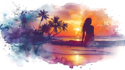 Fototapeta premium Surfer at dusk, sitting on surfboard, serene sunset sky