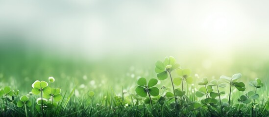 Summer meadow with green clover leaves provides a picturesque background for copy space image.