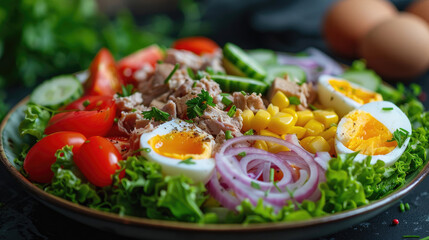 Fresh Salad with lettuce leaves, tomatoes, tuna meat, cucumber, bell pepper half rings olive red onion and canned egg served on a dark marble ceramic plate table