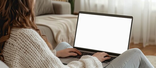 A mockup shows a woman using a laptop with an empty desktop screen, highlighting the copy space image.
