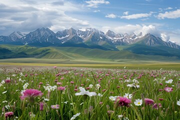 Fototapeta premium Flowers field on the background of snowy mountain peaks in the Altai mountains. Beautiful natural landscape.