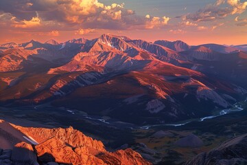 Naklejka premium /imagine A dramatic mountain range during the golden hour, with the sun casting long shadows and illuminating the peaks in warm hues of orange and pink, while a river winds through the valley below.