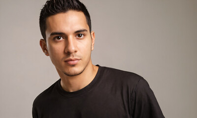 Fototapeta premium Young man in black t-shirt posing against a grey background
