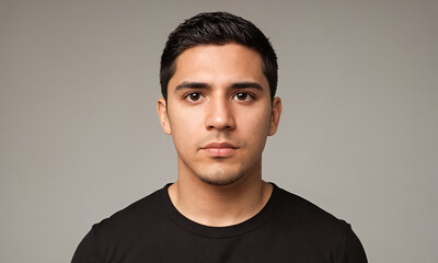 Obraz premium Young man with short black hair wearing a black t-shirt against a gray background
