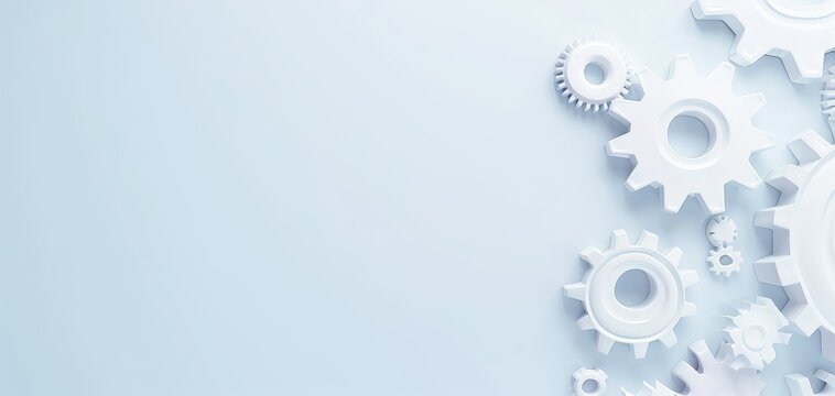 Abstract background with white gears on light blue backdrop symbolizing teamwork, industry, and innovation. Blank space for text or logo.