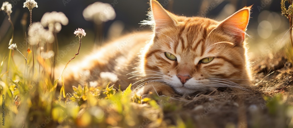 Poster a cute orange striped cat enjoys the sun, resting on dry grass under the spring sun with clear copy 