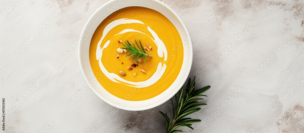 Aufkleber creamy pumpkin soup with a silky texture, showcased on a marble background with ample copy space in 