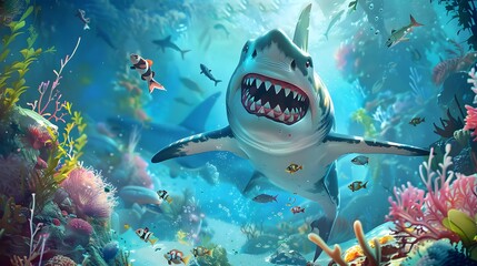 angry shark cartoon. 