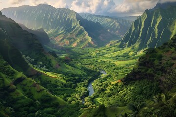 Fototapeta premium /imagine A lush, green valley nestled between towering mountain ranges, with a river flowing through the landscape and the peaks bathed in the warm light of the setting sun.