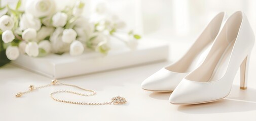 Elegant white high heel shoes paired with a delicate bracelet and beautiful flowers, perfect for a wedding or special occasion.