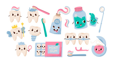 Cute tooth characters and dental oral hygiene tools. Mouth cleaning and teeth care accessories. Toothpaste and toothbrush. Flat vector illustration