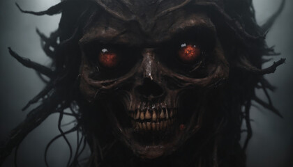 Close up of a glowing eyed zombie creature in the fog