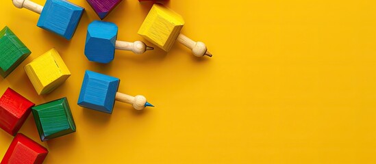 Top view of wooden Dreidels, emblematic of Hanukkah, on a yellow background with ample copy space image.